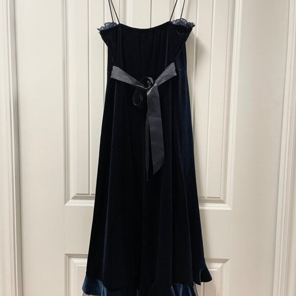 Vintage Gothic Victorian Inspired Velvet Ruffle Midi Dress Navy – XS - Picture 3 of 12